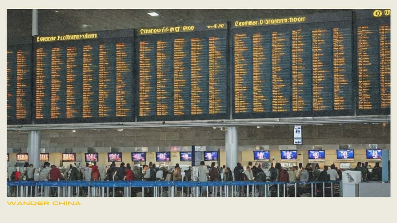 Busy airport terminal with travelers
