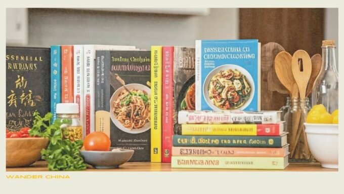 Essential Chinese cooking books displayed