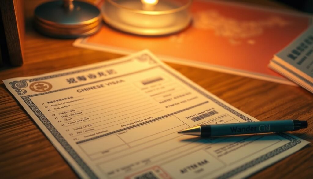A detailed Chinese visa application form laid out on a wooden desk
