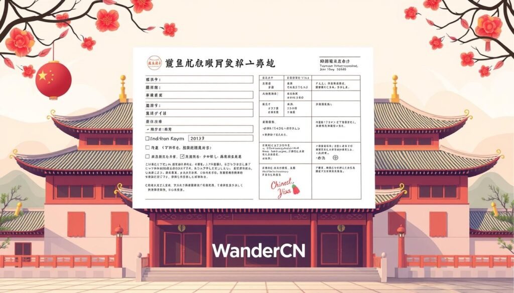 A detailed, clean-lined illustration of a Chinese visa application form against a backdrop of traditional Chinese architectural elements and cultural iconography
