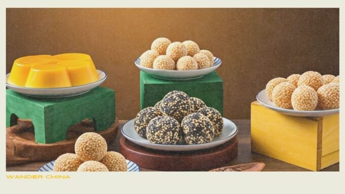 Colorful display of Chinese desserts