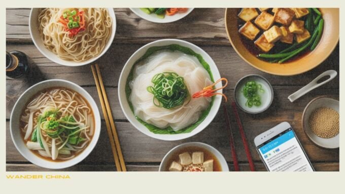 Flat-lay of gluten-free Chinese dishes including rice noodles, tofu stir-fry, steamed vegetables, and congee, with chopsticks and a gluten-free soy sauce bottle on a wooden table.