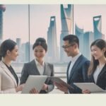Foreign job seeker consulting with a Chinese recruiter at a modern office in Shanghai, symbolizing English-speaking job opportunities in China