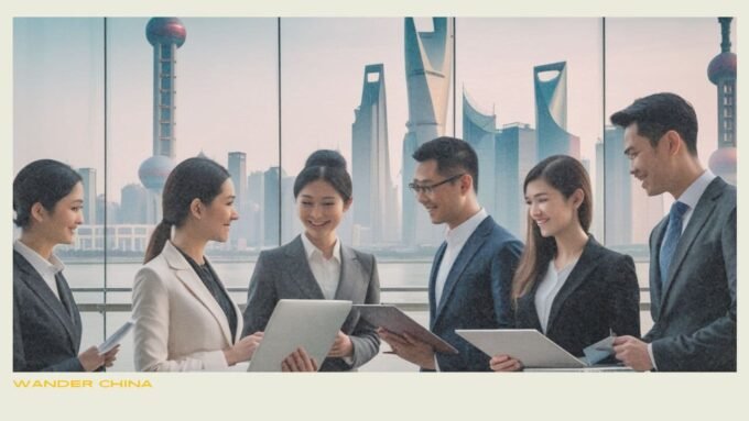 Foreign job seeker consulting with a Chinese recruiter at a modern office in Shanghai, symbolizing English-speaking job opportunities in China