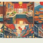Collage of everyday life in China featuring a traditional home interior, street food stalls with colorful dishes, bicycles and high-speed trains, and scenes from both urban and rural areas.