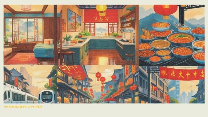 Collage of everyday life in China featuring a traditional home interior, street food stalls with colorful dishes, bicycles and high-speed trains, and scenes from both urban and rural areas.