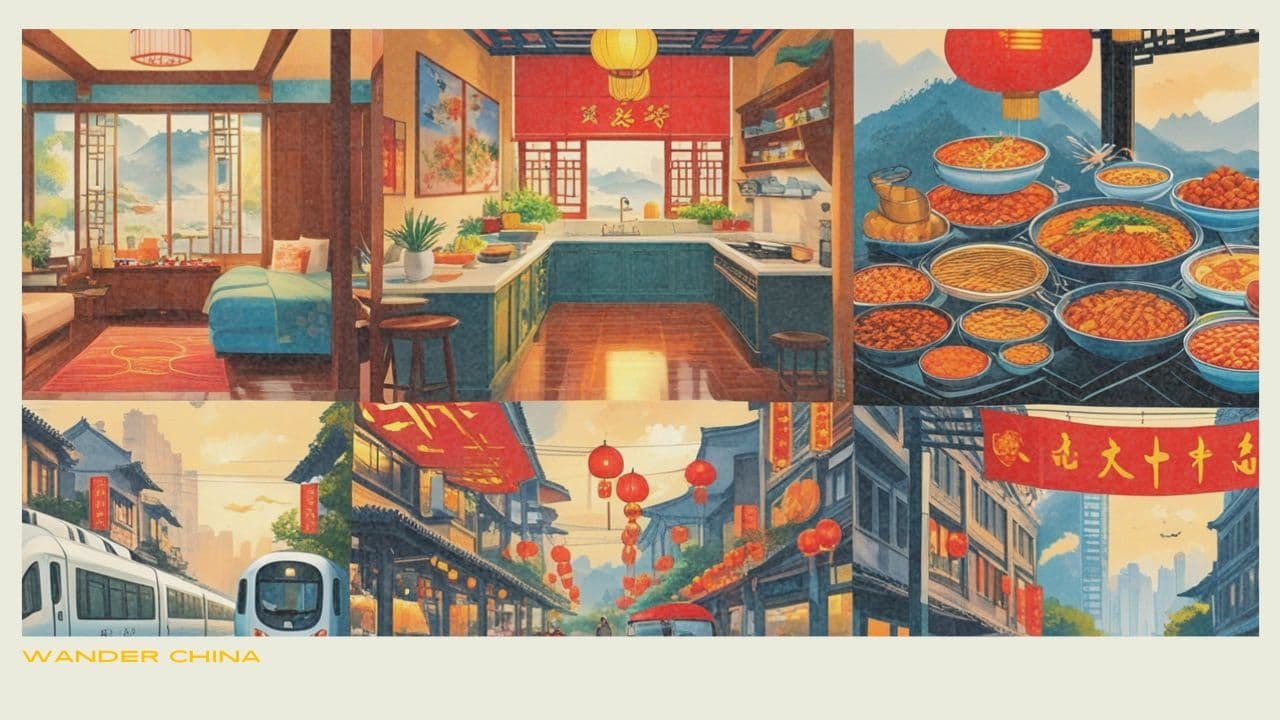 Collage of everyday life in China featuring a traditional home interior, street food stalls with colorful dishes, bicycles and high-speed trains, and scenes from both urban and rural areas.